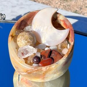 Orca Agate Crescent Moon, Calcite Sphere, Jasper, Citrine & Moonstone Tumbles